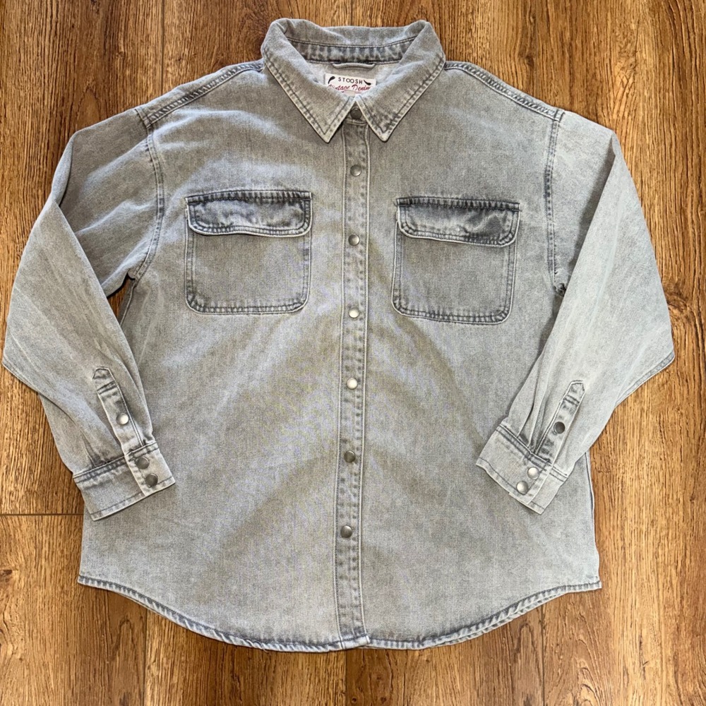 Stoosh‎ Vintage Denim Gray Wash Snap Front Shirt Womens M Oversized Grunge